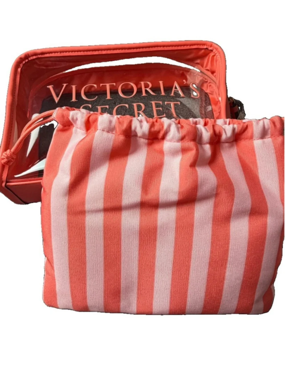 Victoria's Secret 2-Piece Beauty Travel Bag BOMBSHELL Striped Orange Zip Makeup
